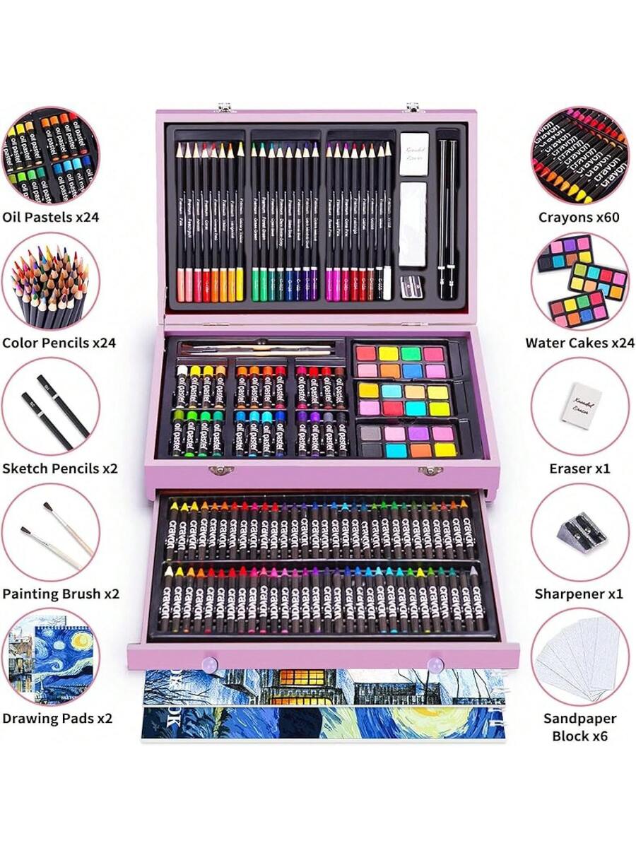 145-Piece Deluxe Art Set with 2x50 Sheet Drawing Pad in Wooden Art Box