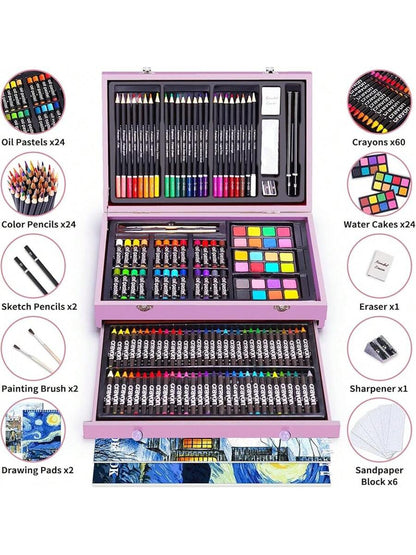 145-Piece Deluxe Art Set with 2x50 Sheet Drawing Pad in Wooden Art Box