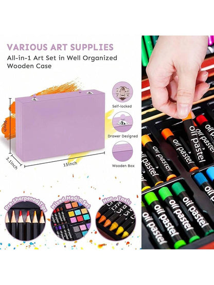 145-Piece Deluxe Art Set with 2x50 Sheet Drawing Pad in Wooden Art Box