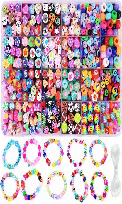1000PCS Polymer Clay Beads Bracelet Making Kit, 24 Style Cute Fun Beads Fruit Flower Animal Cake Butterfly Heart Beads Charms