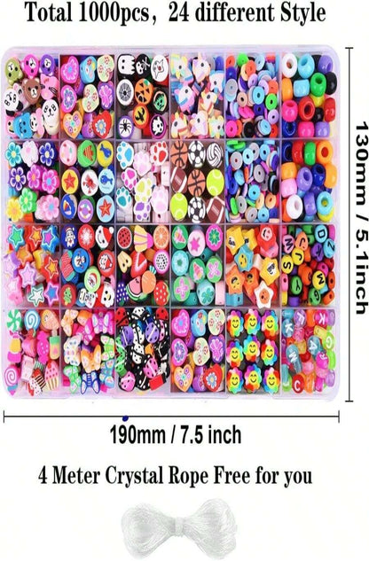 1000PCS Polymer Clay Beads Bracelet Making Kit, 24 Style Cute Fun Beads Fruit Flower Animal Cake Butterfly Heart Beads Charms