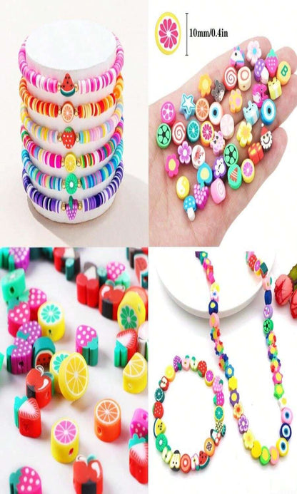 1000PCS Polymer Clay Beads Bracelet Making Kit, 24 Style Cute Fun Beads Fruit Flower Animal Cake Butterfly Heart Beads Charms