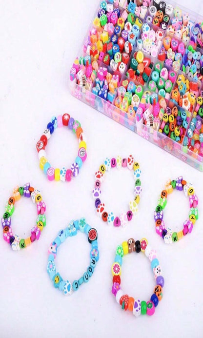 1000PCS Polymer Clay Beads Bracelet Making Kit, 24 Style Cute Fun Beads Fruit Flower Animal Cake Butterfly Heart Beads Charms