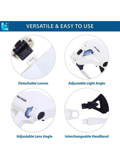 Head Magnifying Visor with 4 LED Lights and 5 Detachable Lenses (1X-3.5X)
