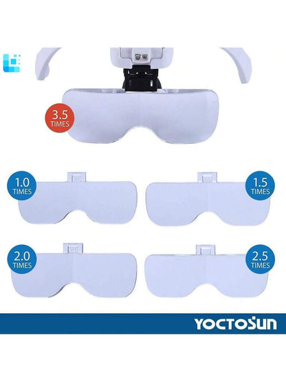 Head Magnifying Visor with 4 LED Lights and 5 Detachable Lenses (1X-3.5X)