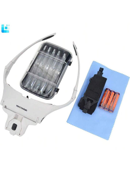 Head Magnifying Visor with 4 LED Lights and 5 Detachable Lenses (1X-3.5X)