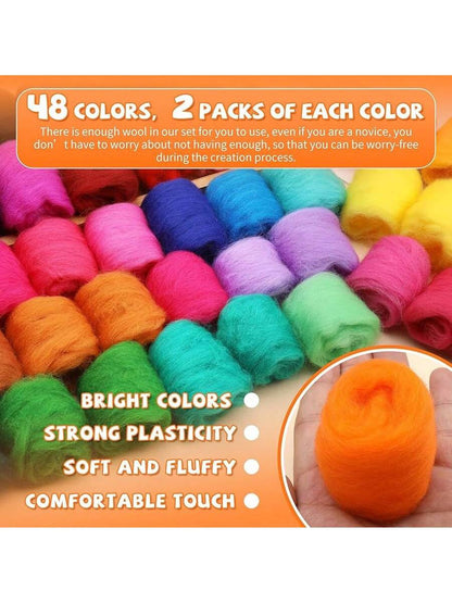 96 Pcs Needle Felting Wool, 48 Colors Wool Roving Yarn Fiber (Approximately 0.1 oz each Pack)