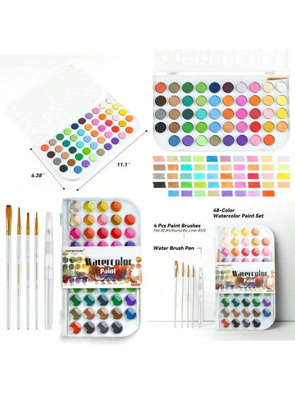 48 Colors Watercolor Paint Set with 4 Paint Brushes and 1 Water Brush Pen