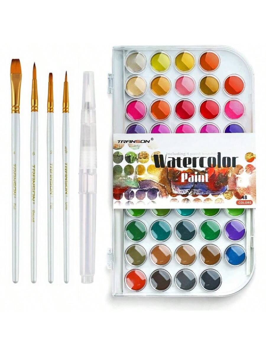 48 Colors Watercolor Paint Set with 4 Paint Brushes and 1 Water Brush Pen
