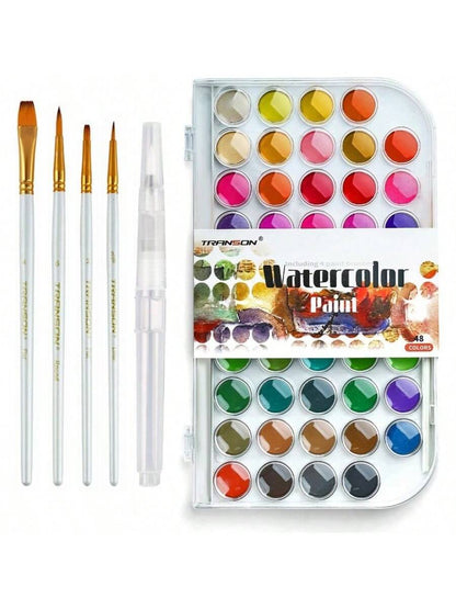 48 Colors Watercolor Paint Set with 4 Paint Brushes and 1 Water Brush Pen