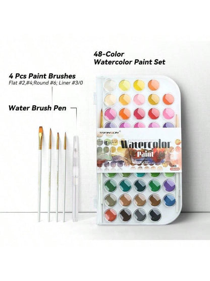 48 Colors Watercolor Paint Set with 4 Paint Brushes and 1 Water Brush Pen