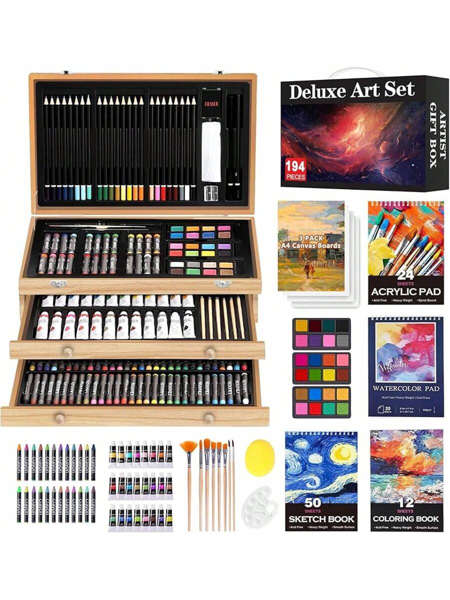 194-Piece Deluxe Art Set with Painting and Drawing Supplies in Wooden Case