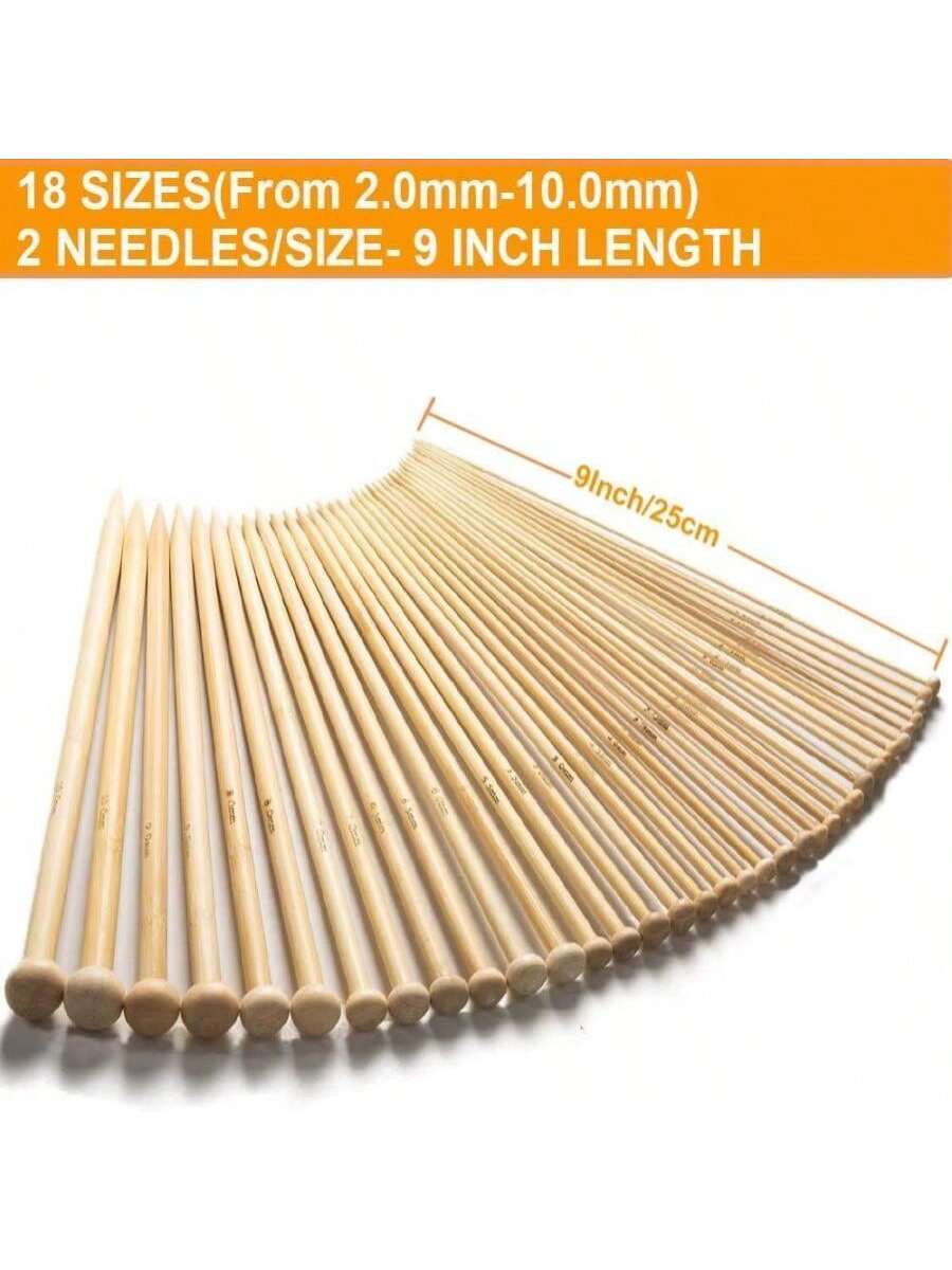 36 PCS Bamboo Knitting Needles Set, Single-Pointed Knitting Needles 9 Inches Length Knitting Crochet Supplies For Beginners Handmade (18 Sizes From 20mm-100mm)