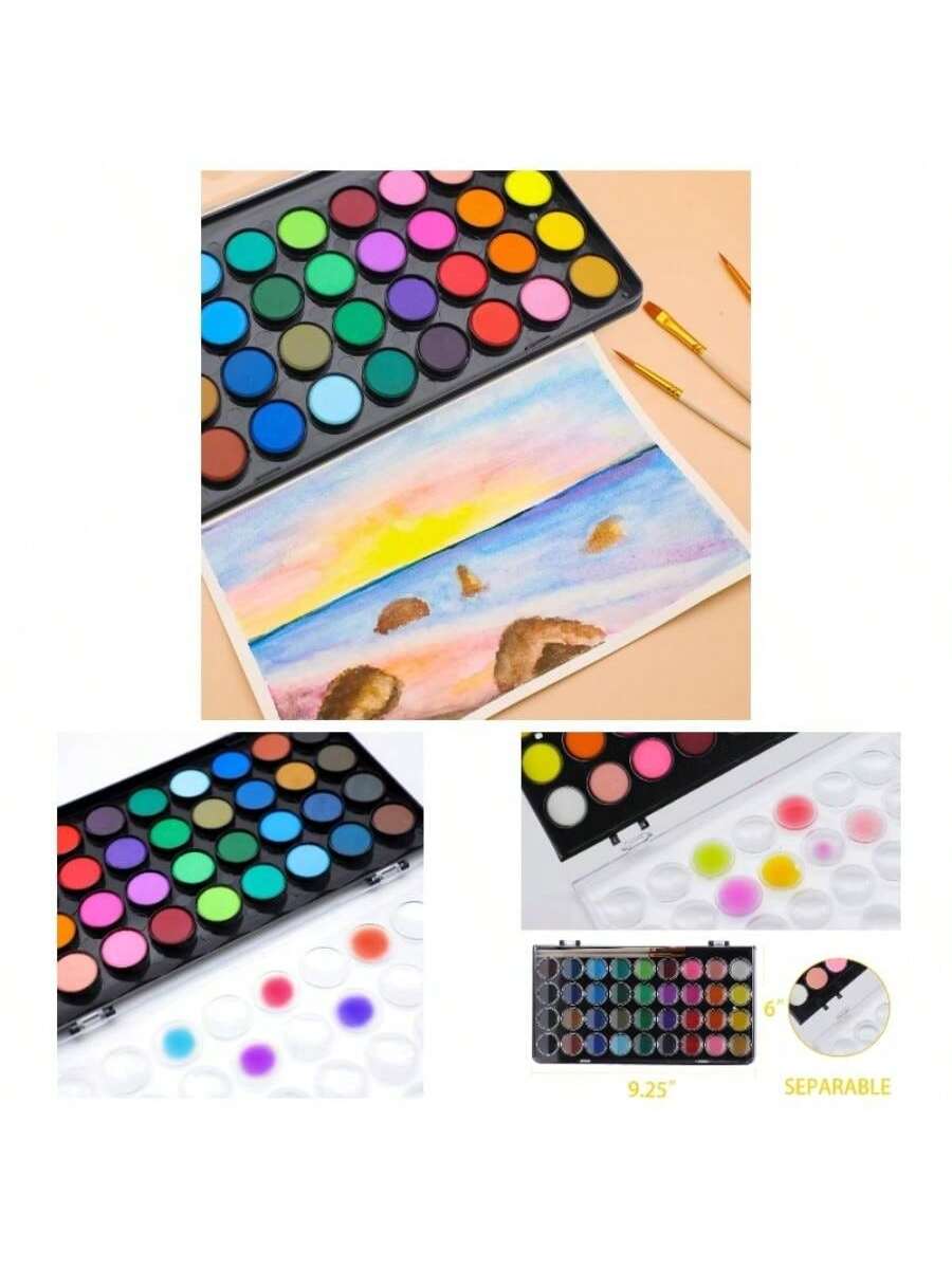48 Colors Watercolor Cake Set with 3 Brushes, Washable Travel Design