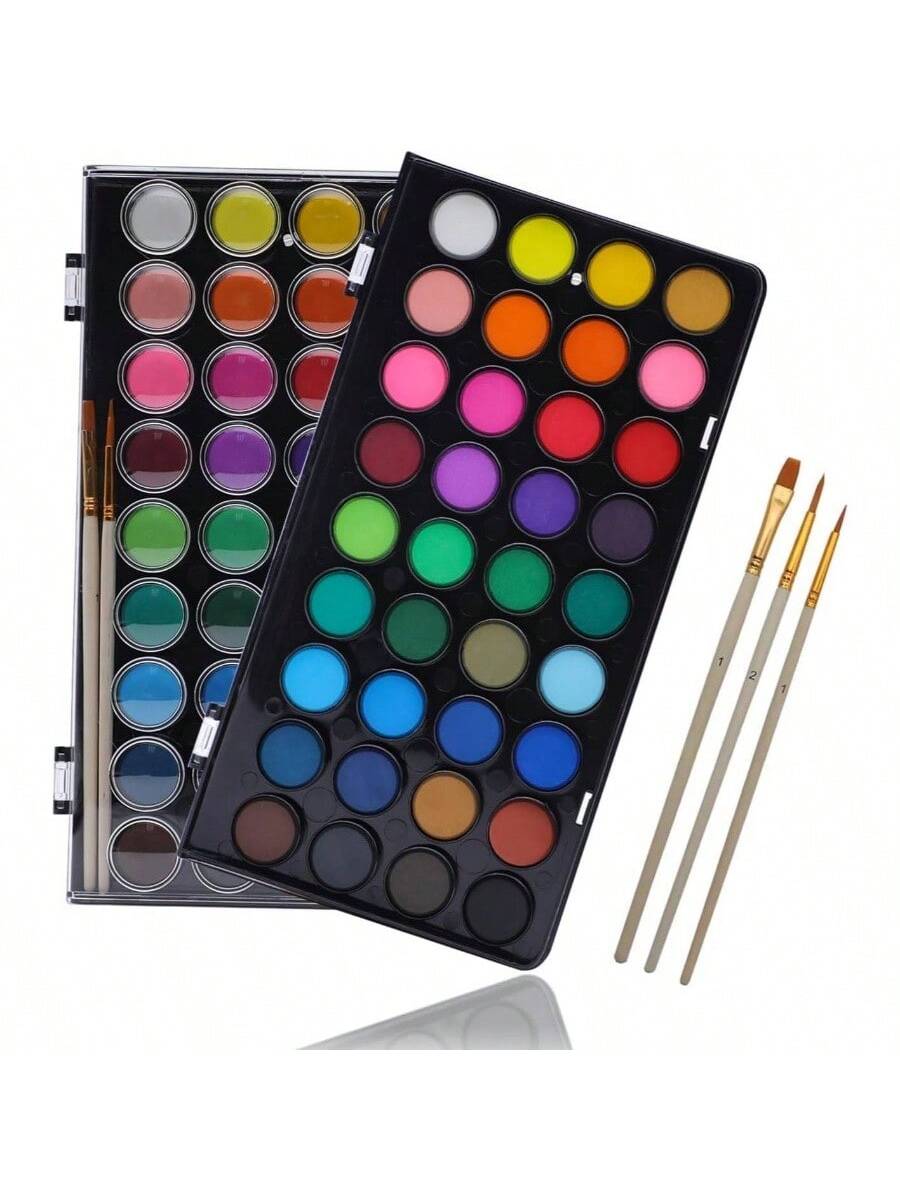 48 Colors Watercolor Cake Set with 3 Brushes, Washable Travel Design