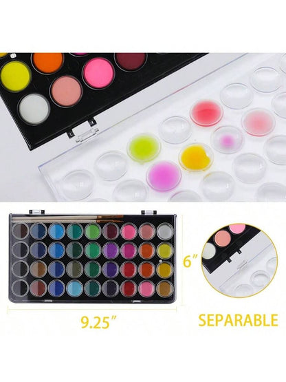 48 Colors Watercolor Cake Set with 3 Brushes, Washable Travel Design
