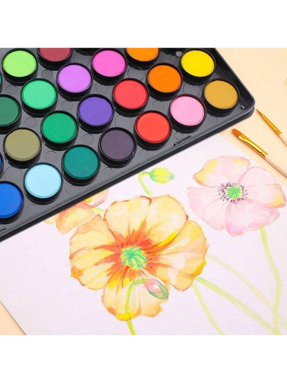 48 Colors Watercolor Cake Set with 3 Brushes, Washable Travel Design