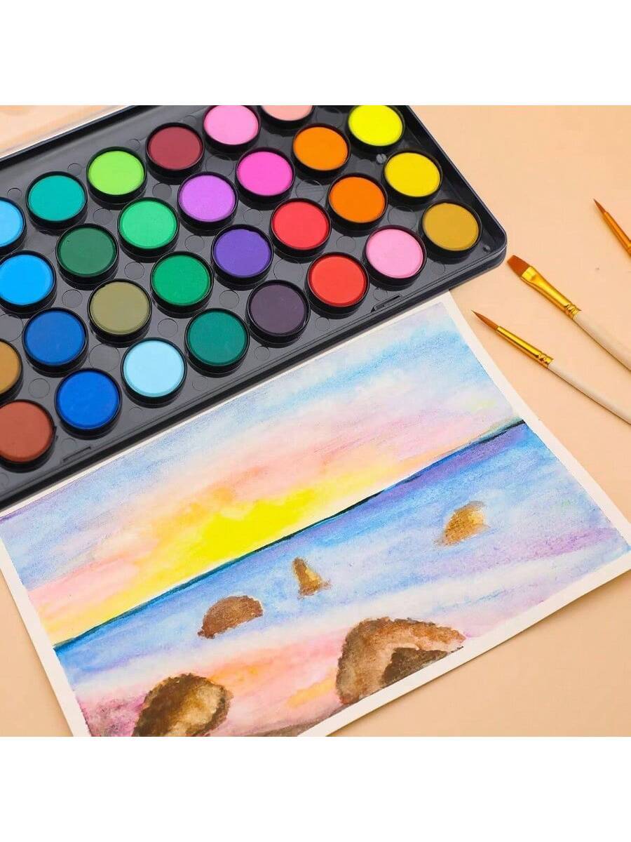 48 Colors Watercolor Cake Set with 3 Brushes, Washable Travel Design