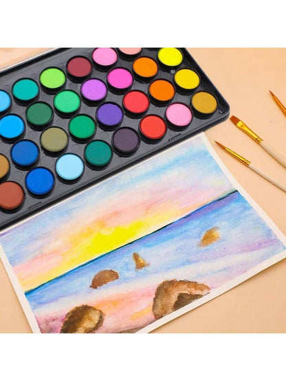 48 Colors Watercolor Cake Set with 3 Brushes, Washable Travel Design