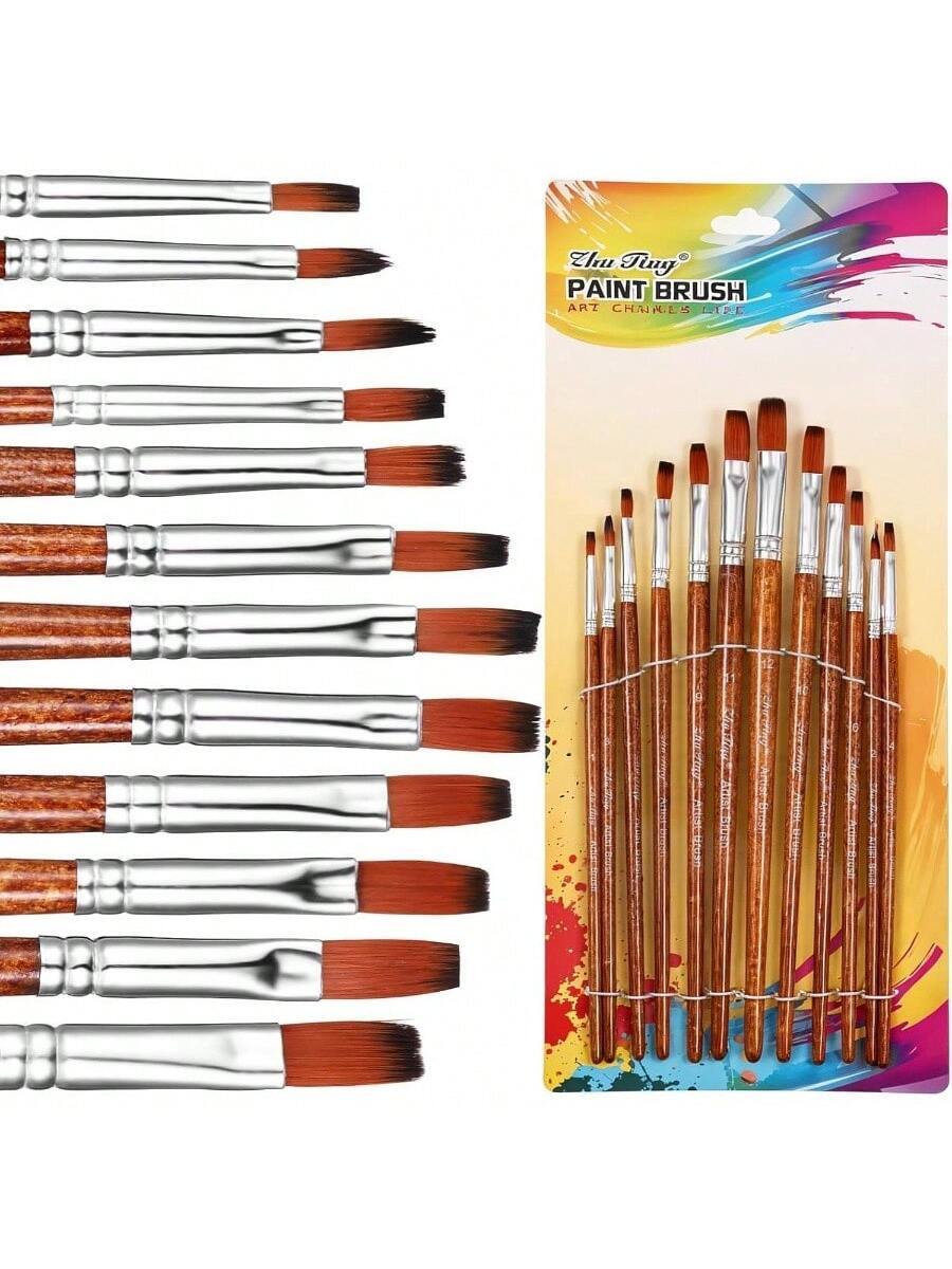 12 PCS Flat Brushes Set, Professional Nylon Paint Brushes with Long Handle