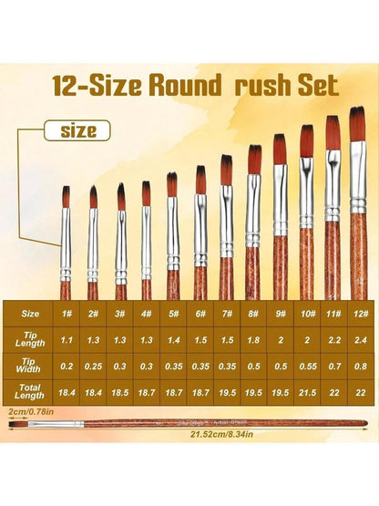 12 PCS Flat Brushes Set, Professional Nylon Paint Brushes with Long Handle