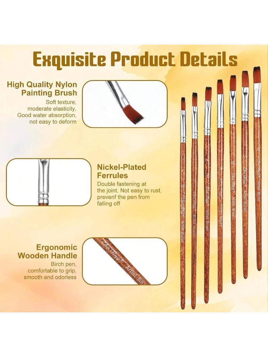 12 PCS Flat Brushes Set, Professional Nylon Paint Brushes with Long Handle