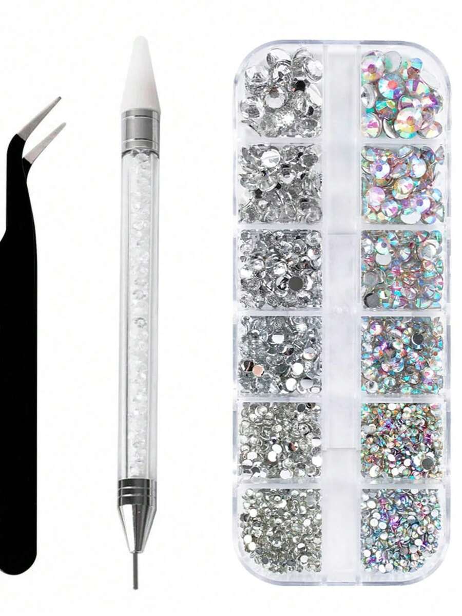 12 Grids 6 Sizes Clear Rhinestones in 6 Sizes, Flatback Shiny Crystal AB Nail Art Gems