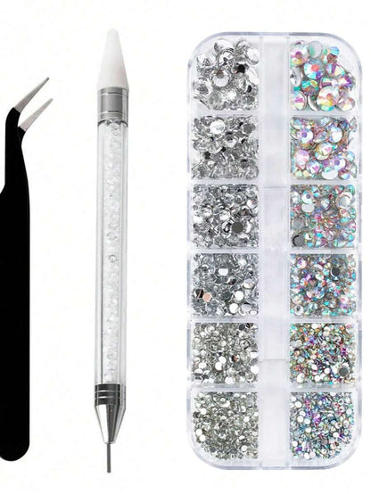 12 Grids 6 Sizes Clear Rhinestones in 6 Sizes, Flatback Shiny Crystal AB Nail Art Gems