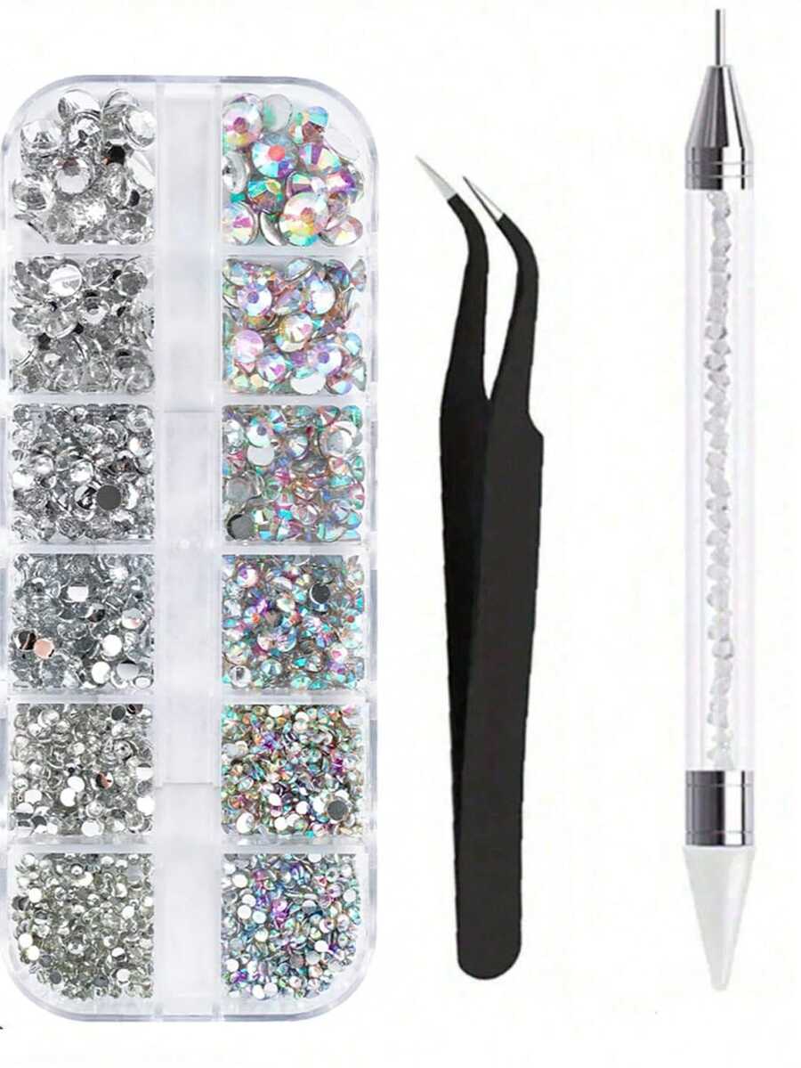 12 Grids 6 Sizes Clear Rhinestones in 6 Sizes, Flatback Shiny Crystal AB Nail Art Gems