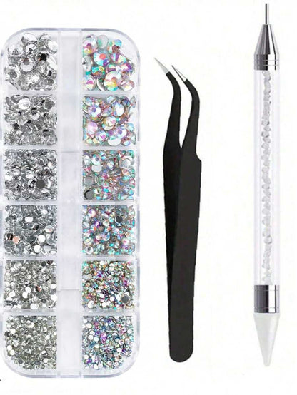 12 Grids 6 Sizes Clear Rhinestones in 6 Sizes, Flatback Shiny Crystal AB Nail Art Gems