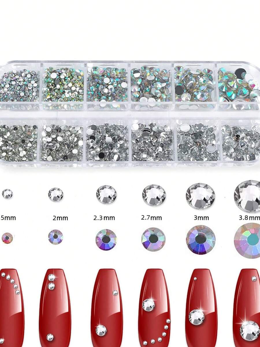 12 Grids 6 Sizes Clear Rhinestones in 6 Sizes, Flatback Shiny Crystal AB Nail Art Gems