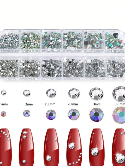 12 Grids 6 Sizes Clear Rhinestones in 6 Sizes, Flatback Shiny Crystal AB Nail Art Gems