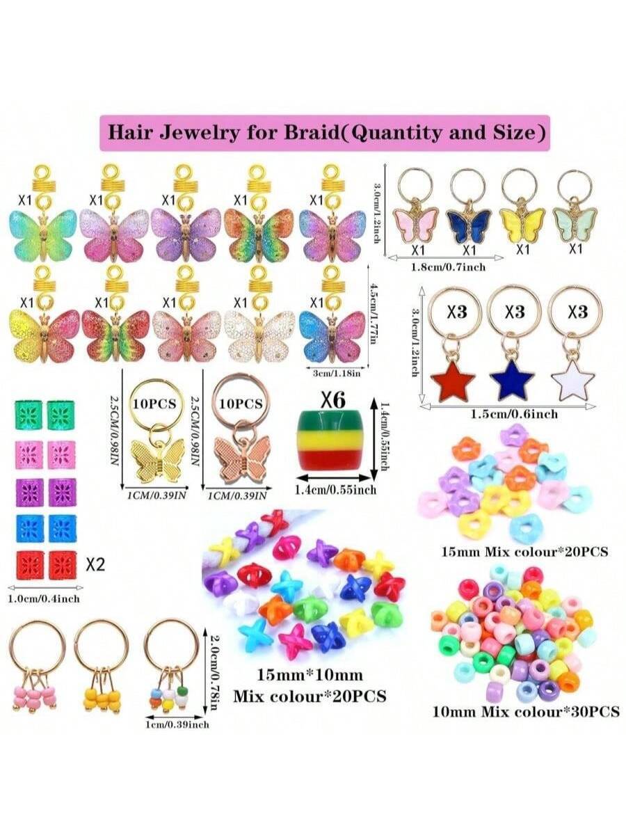 138Pcs Gold Butterfly Braid Hair Dreadlocks Accessories with Colorful Beads Charms and Pendants