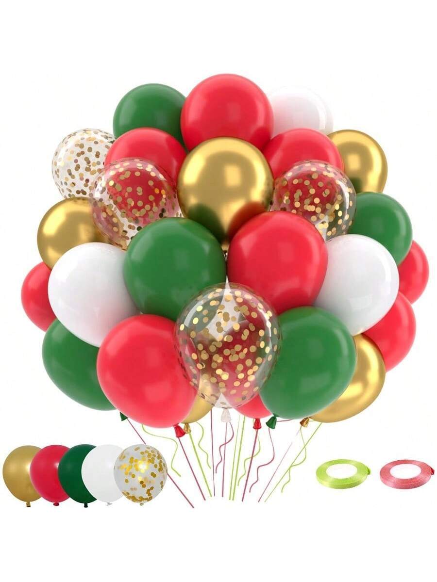 50-Piece Christmas Red and Green Balloon Set - 12 Inch Metallic Gold, Green, Red & White Confetti Latex Balloons for Holiday and Birthday Party Decor