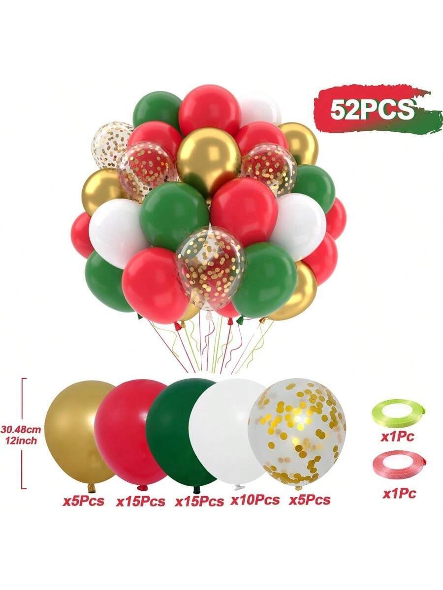 50-Piece Christmas Red and Green Balloon Set - 12 Inch Metallic Gold, Green, Red & White Confetti Latex Balloons for Holiday and Birthday Party Decor