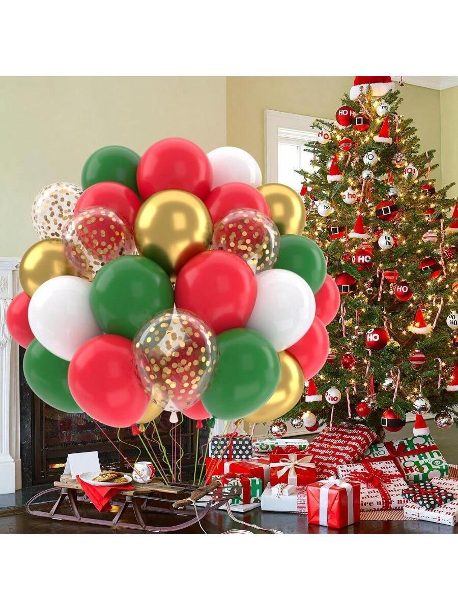 50-Piece Christmas Red and Green Balloon Set - 12 Inch Metallic Gold, Green, Red & White Confetti Latex Balloons for Holiday and Birthday Party Decor