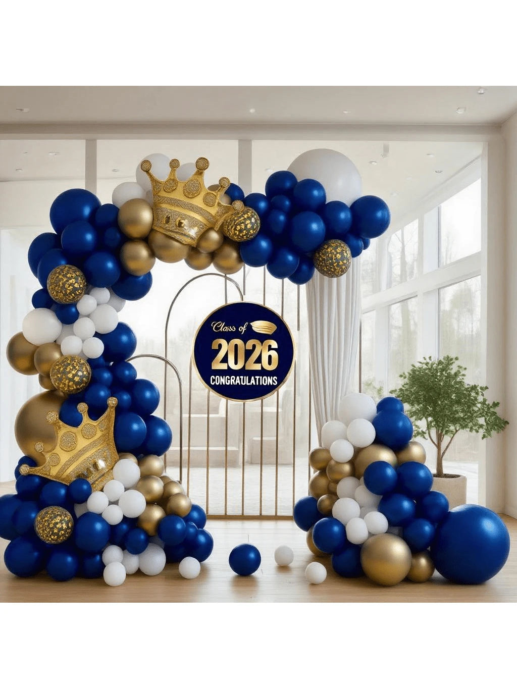 106-Piece Royal Navy Blue Balloon Arch Garland Kit - Blue, White & Gold Balloons with Gold Confetti and Crown Foil Balloons for Graduation, Birthday Party & Baby Shower