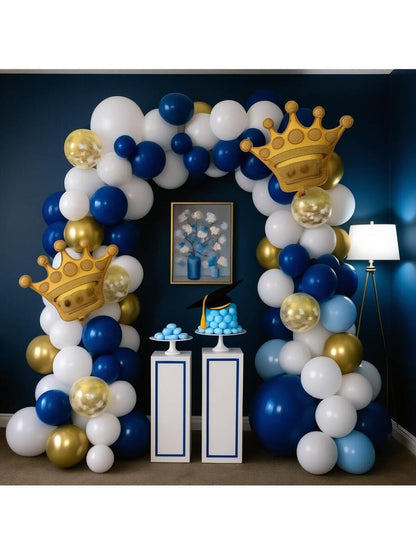 106-Piece Royal Navy Blue Balloon Arch Garland Kit - Blue, White & Gold Balloons with Gold Confetti and Crown Foil Balloons for Graduation, Birthday Party & Baby Shower