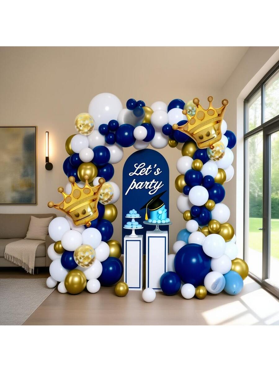 106-Piece Royal Navy Blue Balloon Arch Garland Kit - Blue, White & Gold Balloons with Gold Confetti and Crown Foil Balloons for Graduation, Birthday Party & Baby Shower