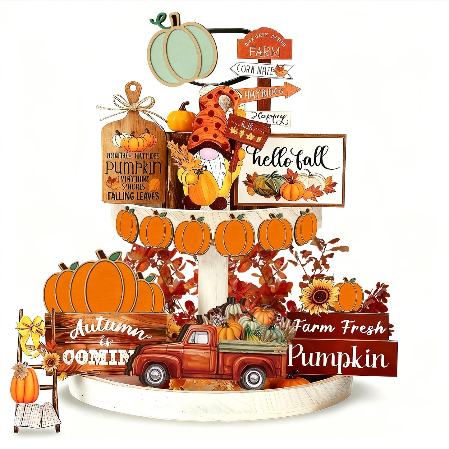 16-Piece Wooden Fall Tiered Tray Decor Set - Pumpkin & Sign Thanksgiving Decor for Farmhouse Tabletop, Halloween & Christmas Displays