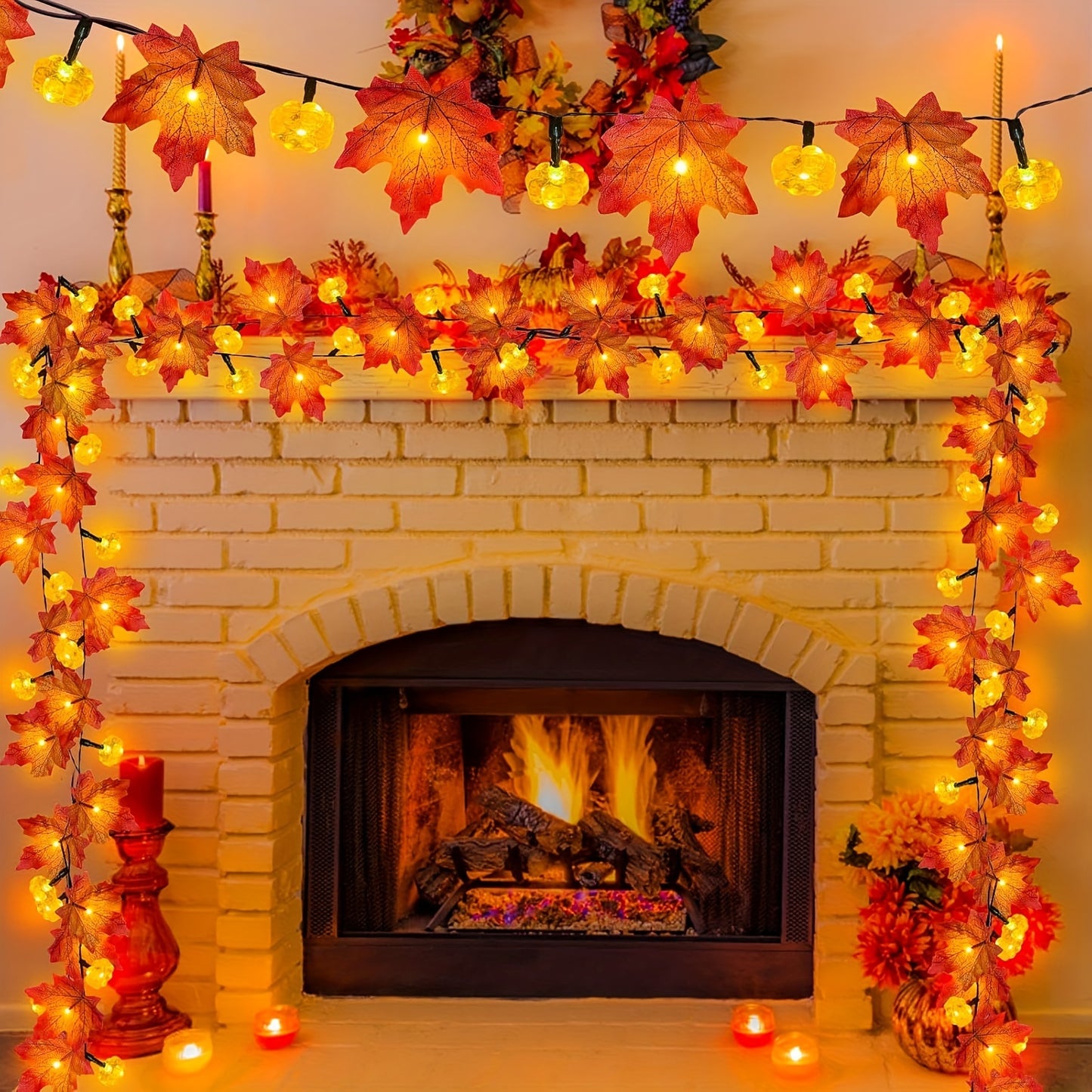 2-Pack Fall Pumpkin Garland Lights - 30ft 60LED Battery Operated String Lights with Realistic Maple Leaves for Thanksgiving & Halloween Decor