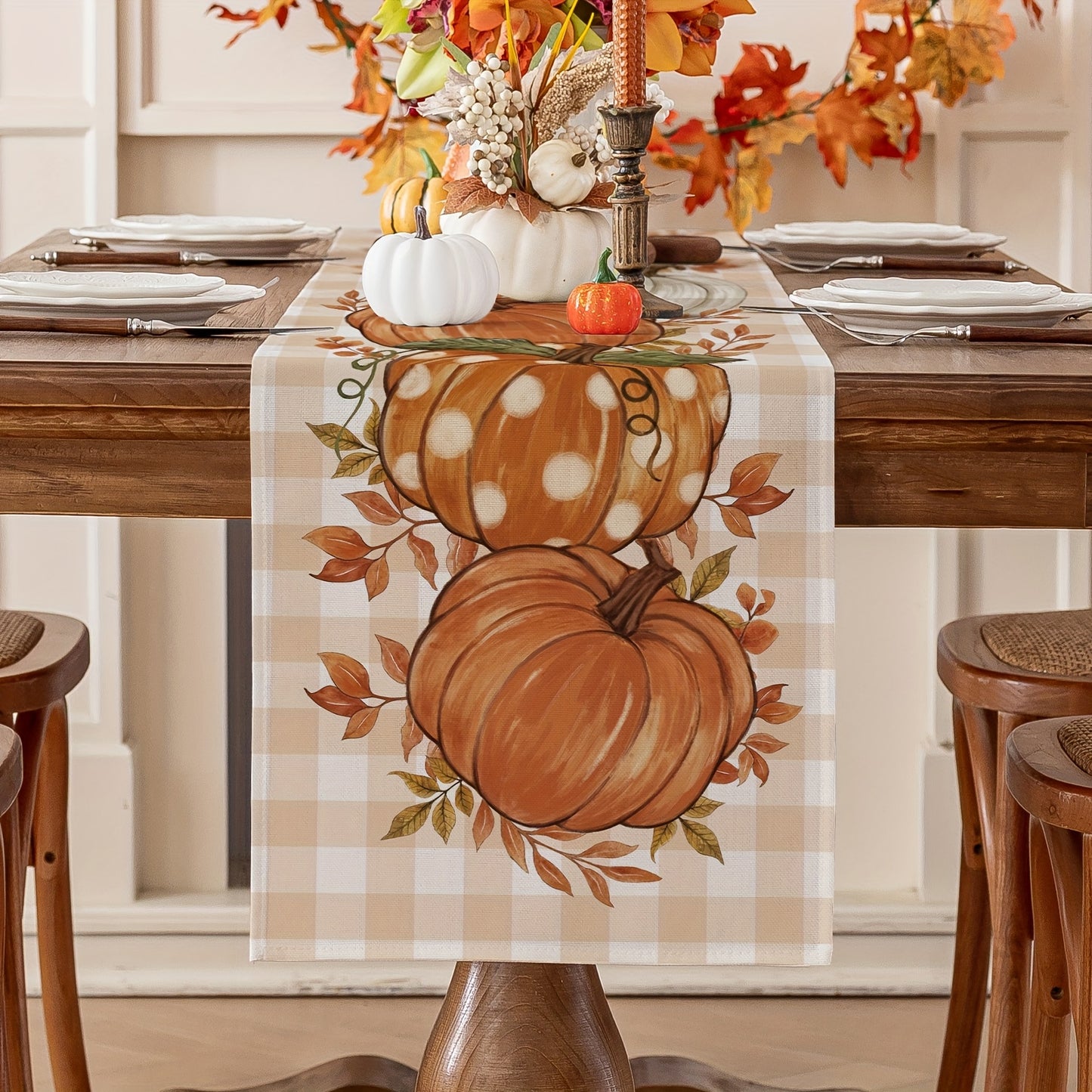 13x72 inches Pumpkin & Leaves Fall Table Runner - Autumn Thanksgiving Harvest Table Decor for Dining Room - Farmhouse Style Party Decoration