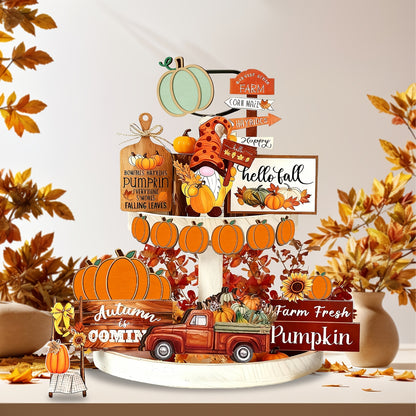 16-Piece Wooden Fall Tiered Tray Decor Set - Pumpkin & Sign Thanksgiving Decor for Farmhouse Tabletop, Halloween & Christmas Displays