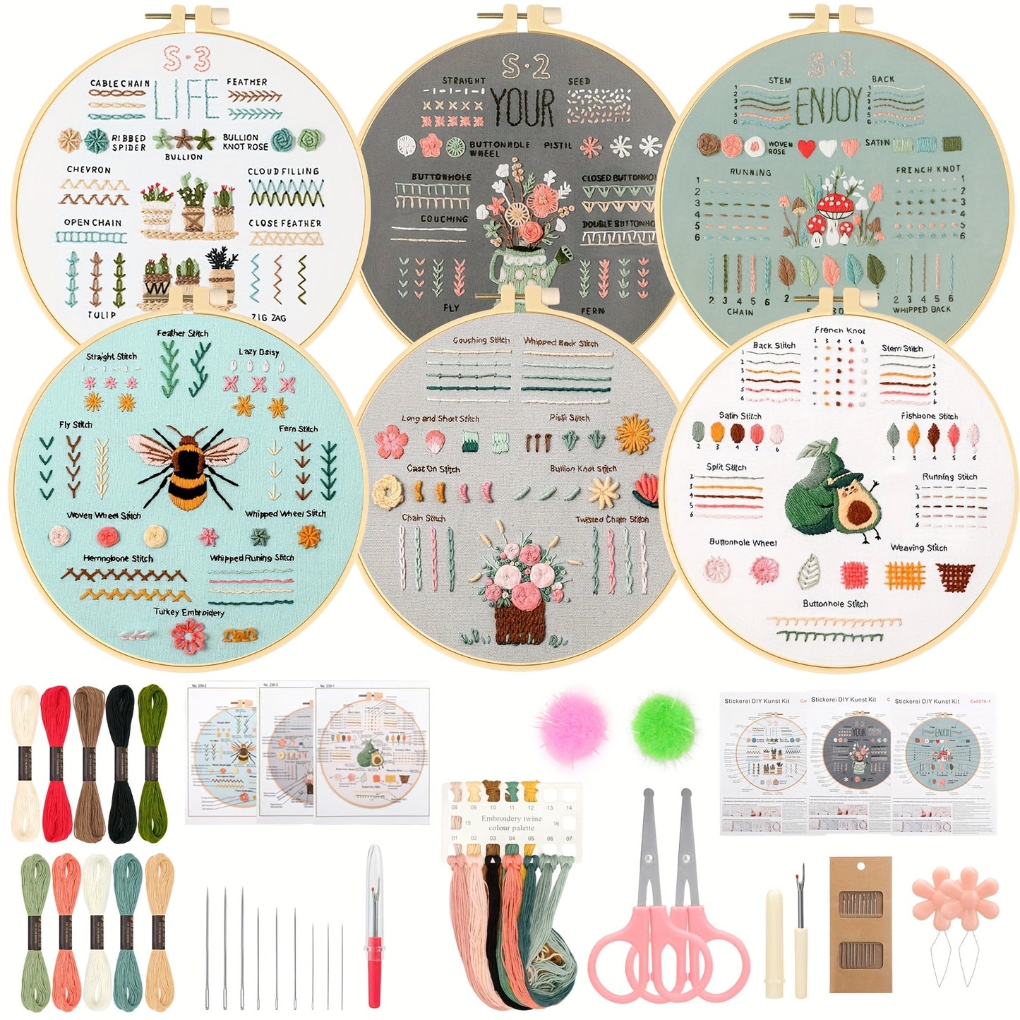 6 Sets Embroidery Starter Kits, Cross Stitch Set with Patterns Instructions