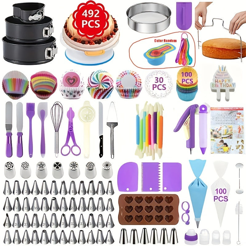 492 pc Cake Decorating Set with Rotating Turntable and Reusable Piping Bags