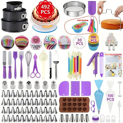 492 pc Cake Decorating Set with Rotating Turntable and Reusable Piping Bags