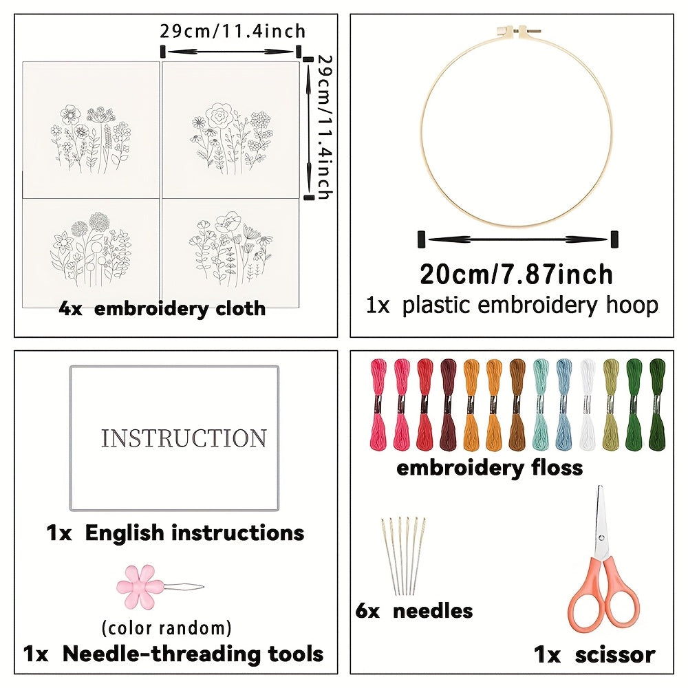 4pcs Set of Fluffy Flower and Grass Pattern Embroidery DIY, Theme Embroidery Cross Stitch Art Kit