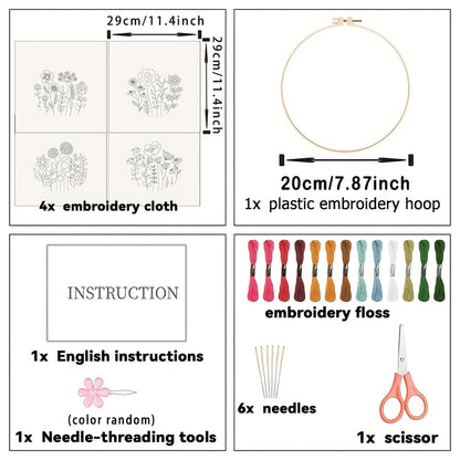 4pcs Set of Fluffy Flower and Grass Pattern Embroidery DIY, Theme Embroidery Cross Stitch Art Kit