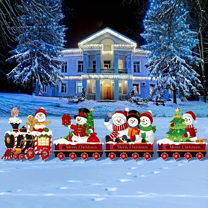 15.7" Christmas Train & Snowman Yard Sign Set - Easy Outdoor Lawn Decor