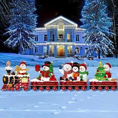 15.7" Christmas Train & Snowman Yard Sign Set - Easy Outdoor Lawn Decor
